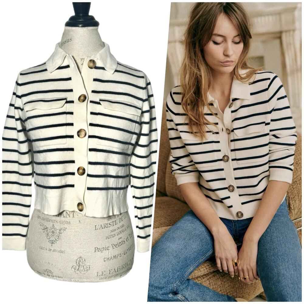Sezane | Women | Betty Merino Wool Ecru Navy Striped Cardigan | Size XS